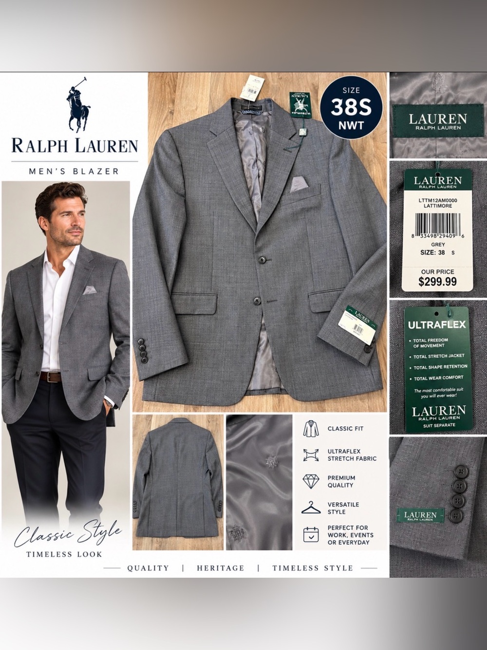 Lauren Ralph Lauren Ultraflex Men’s Grey Blazer 38S NWT
